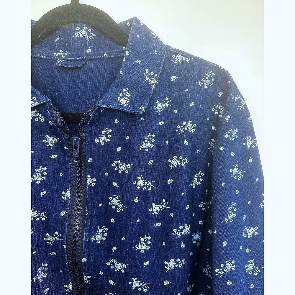 Vintage 90s Denim Zip Up Jacket Novelty Print Women's L Cottagecore Grandma Chic - Picture 5 of 8